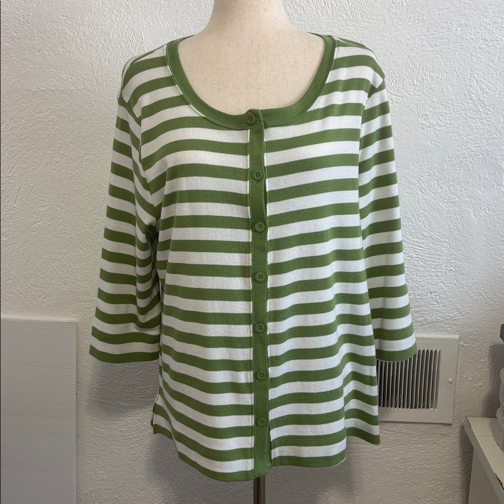 White Stag Women's Green & White Striped Cardigan 3/4 Length Sleeves